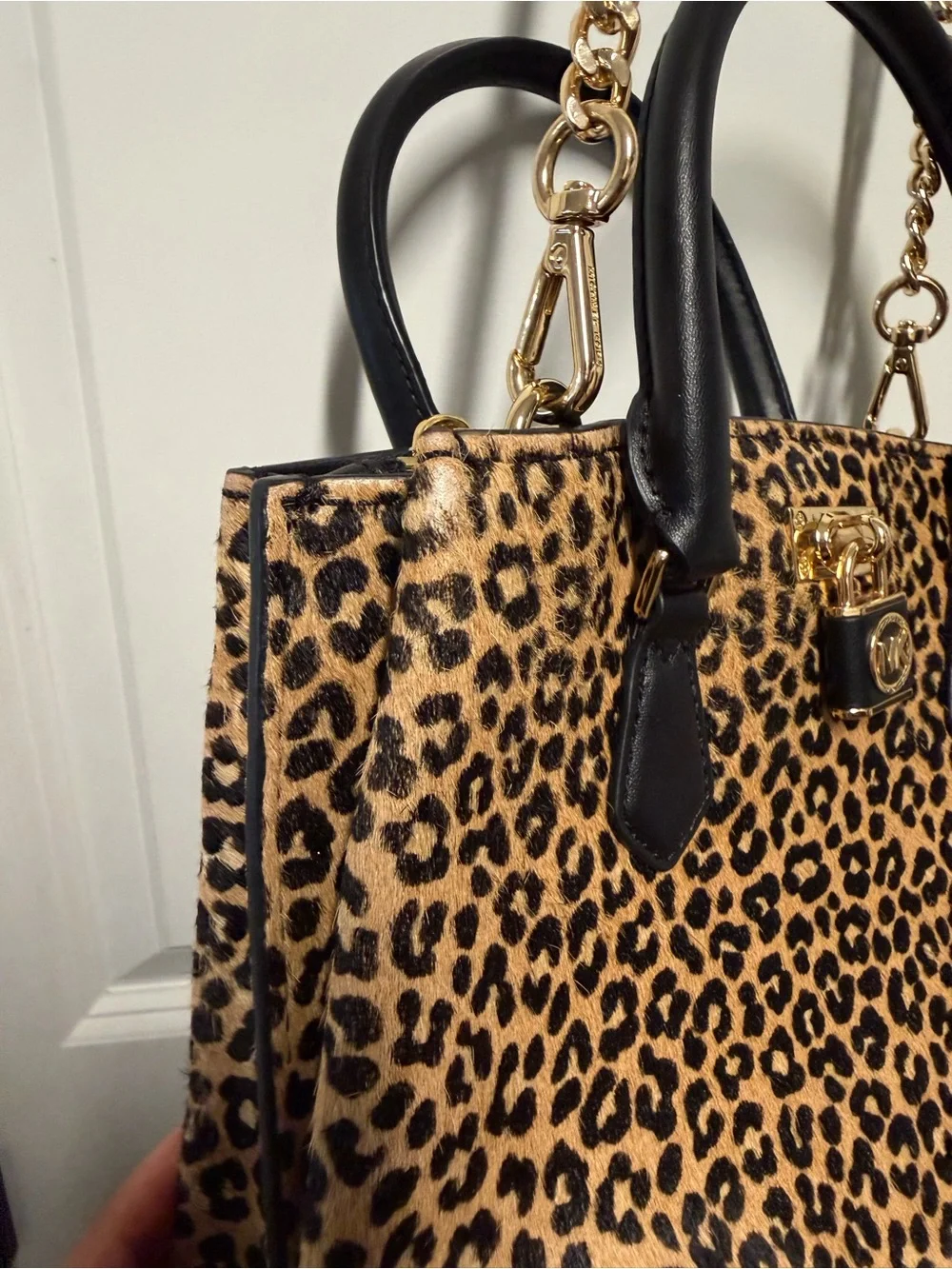 Michael Kors Hamilton Leopard Calf Hair Satchel Crossbody Bag Gold Hardware